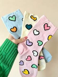 5 Pairs Women's Colorful Heart Pattern Mid-Calf Socks, Versatile For Various Outfits, Black Trim Design, Soft & Comfortable For All Occasions - Multicolor - View 4