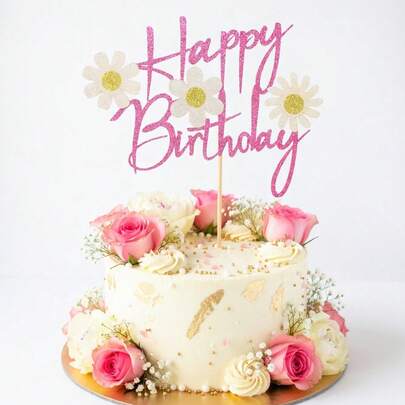 1pc Pink Glitter Daisy Birthday Cake Topper, Groovy Boho Floral Cake Decoration For G*Rls Women, Glittery Flower Cupcake Insert For Birthday Party, Sweet 1st Birthday Decor, Spring Summer Party Supplies