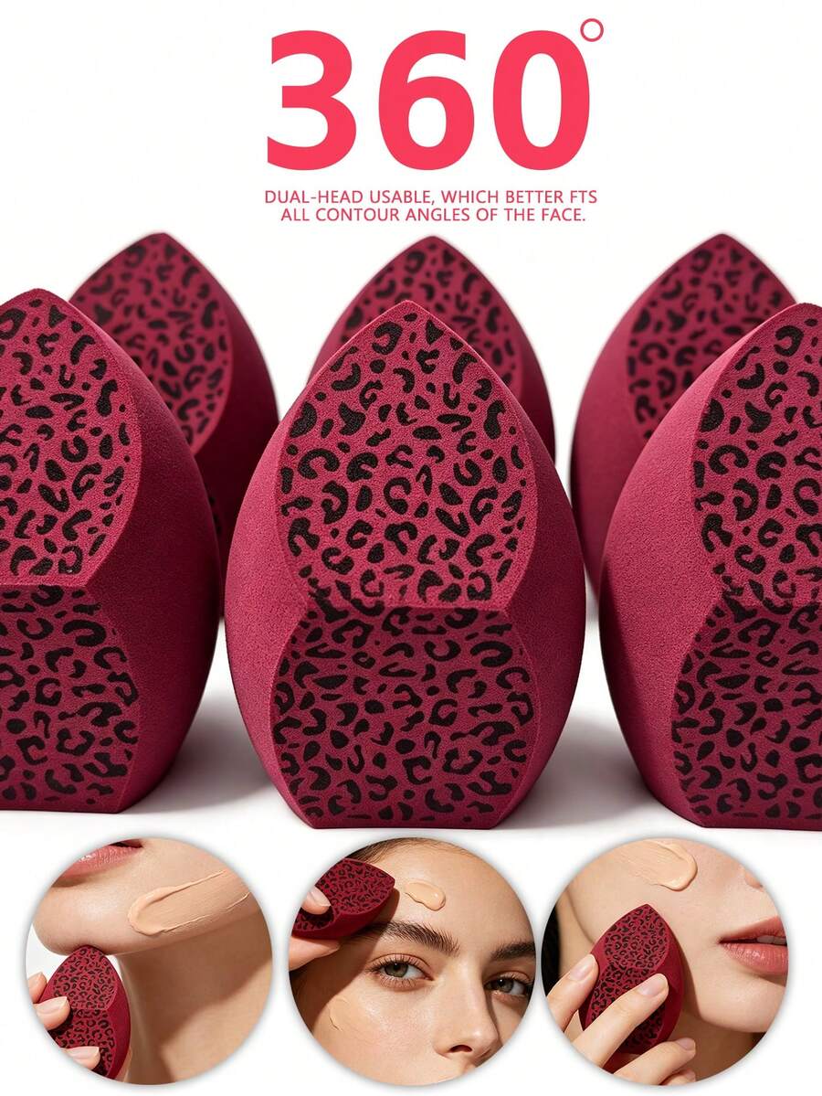 Leopard Print Red Makeup Sponge Set, Large 3-Cut Design, Wet & Dry Use Foundation Sponge, Soft Latex-Free Cosmetic Puff For Liquid Foundation, Cream, Powder, Concealer & Blush, Reusable Makeup Sponges In 2/4/6/8/12 PCS Options - Multicolor - View 1
