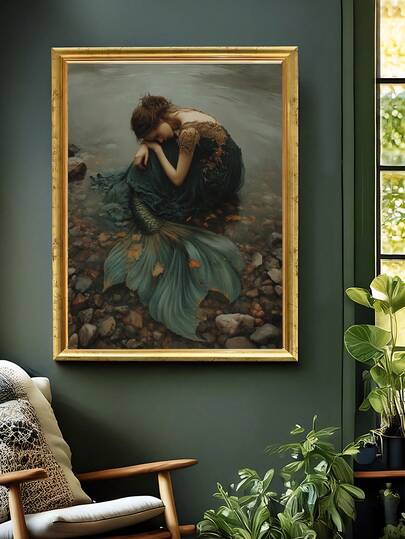 1pc Disenchanted Mermaid Art Print, Dark Fairy Tale Portrait, Melancholy Moody Art, Dark Academia, Vintage Victorian Tattooist Art Print, Gothic Tattoo Parlor Scene, Festival Gift, The Ideal Gift For Friends, Bedroom Art Print, Living Room Decor, Office Decor, Kitchen Decor, Bar Decor, Bathroom Decor, Wall Arts, Wall Decor, Home Decor, Room Decor, Canvas Wall Art, Posters, Wall Art With Frame, Optional Frame ﻿ ﻿ ﻿