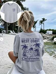 Summer Tops Mother's DayWomen's New Summer Casual Round Neck Short Sleeve T-Shirt, Simple Versatile Palm Tree Slogan Print, Suitable For Daily Wear. Graphic Tee, Women's T-Shirt Top Vacation.Loose And Comfortablesummer Clothes Easter - 灰色 - 查看 1