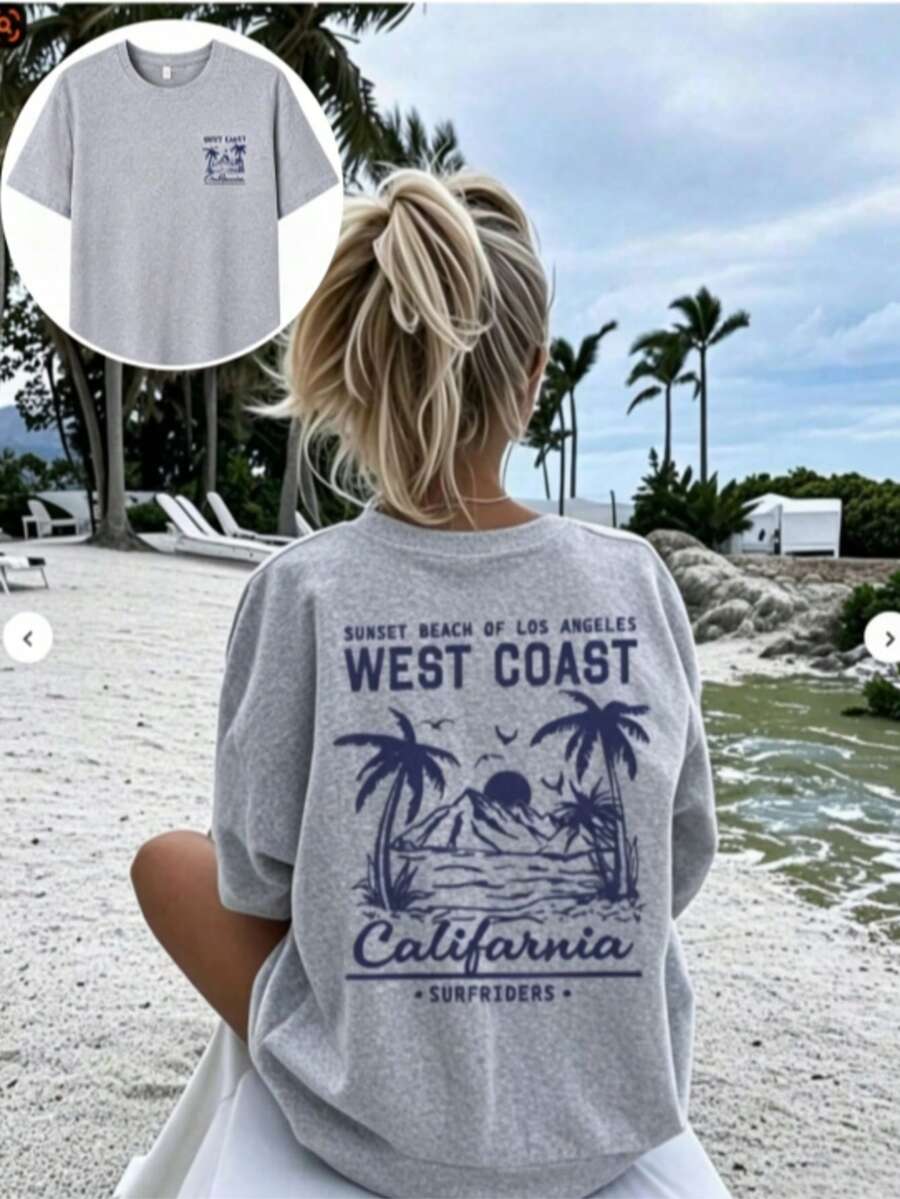 Summer Tops Mother's DayWomen's New Summer Casual Round Neck Short Sleeve T-Shirt, Simple Versatile Palm Tree Slogan Print, Suitable For Daily Wear. Graphic Tee, Women's T-Shirt Top Vacation.Loose And Comfortablesummer Clothes Easter - 灰色 - 查看 1