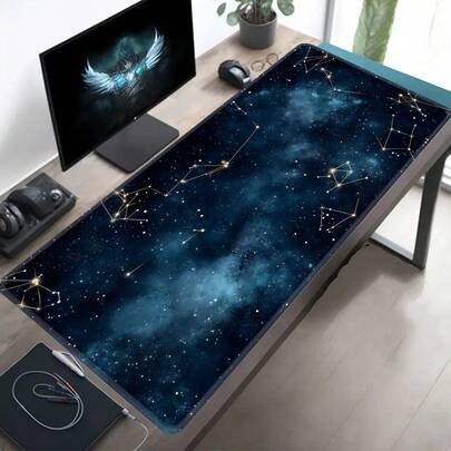 Alfombrilla de ratón para juegos de tamaño extra grande | Galaxia espacial azul, diseño estético y fresco, alfombrilla de escritorio antideslizante de poliéster para portátil y teclado, diseño de constelación de estrellas, ideal para entusiastas de la oficina y los juegos, 2D plano