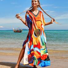 New Rayon Printed Long Dress For Seaside Vacation, Loose Plus-Size Beach Dress, Bikini Swimsuit Cover-Up For Women - Blue Gradient (ZS1817-10) - View 9