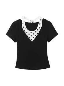 Black Regular Shoulder 2 In 1 Short Sleeve T-Shirt, Polka Dot Korean Stylish Design, Beautiful Top For Summer Casual - Black - View 8