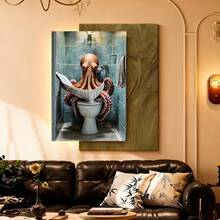 Con marco 1 Pintura Única en Lienzo - Pulpo Caprichoso leyendo el periódico en el baño Arte, Marco de Maciza para Decoración de Pared, Listo para Colgar Arte Humorístico para Baño, Sala de Estar y Decoración de Fiestas Navideñas, Decoración de Baño con Pulpos, Plano 2D, Perfecto para la Decoración del Cuarto - Enmarcado - Ver 1