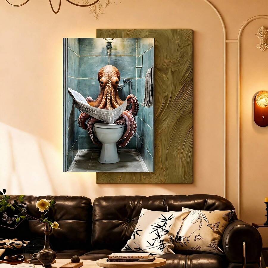 Con marco 1 Pintura Única en Lienzo - Pulpo Caprichoso leyendo el periódico en el baño Arte, Marco de Maciza para Decoración de Pared, Listo para Colgar Arte Humorístico para Baño, Sala de Estar y Decoración de Fiestas Navideñas, Decoración de Baño con Pulpos, Plano 2D, Perfecto para la Decoración del Cuarto - Enmarcado - Ver 1