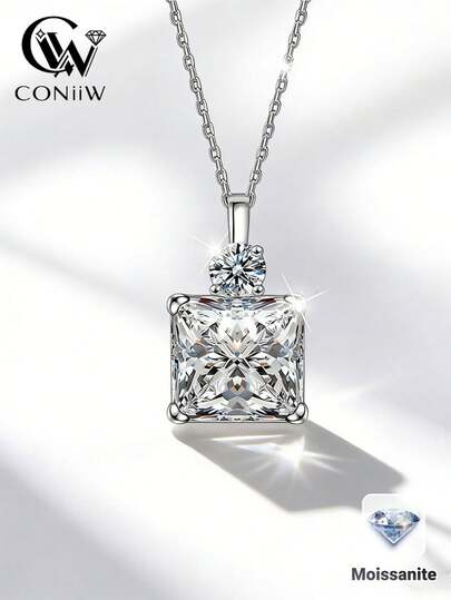 ConiiW This 925 Sterling Silver Necklace Features A 1.5 Carat Princess-Cut Moissanite, Making It A Fashionable, Versatile And Unique Women's Accessory. This High-Quality Pendant Necklace Has A Distinctive Personalized, Suitable For Daily Wear, Parties And Special Occasions. It Also Makes An Excellent Gift For Christmas, Thanksgiving, Valentine's Day, Birthdays, Anniversaries And New Year.