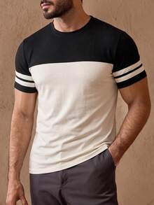 Men's Retro Contrast Color Round Neck Short Sleeve T-Shirt, New Design Patchwork Lightweight Summer Top - Apricot - View 12