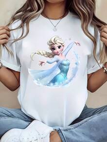 Disney Licensed! Queen Elsa Ice Wave Print Women'S T-Shirt, Casual Stylish Round Neck Short Sleeve Summer Top, Sweet And Cool Anime Cartoon Sweatshirt, Perfect For Outdoor Daily Wear - 白色 - 查看 1
