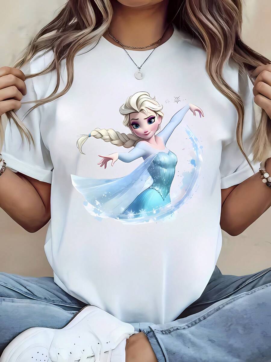 Disney Licensed! Queen Elsa Ice Wave Print Women'S T-Shirt, Casual Stylish Round Neck Short Sleeve Summer Top, Sweet And Cool Anime Cartoon Sweatshirt, Perfect For Outdoor Daily Wear - 白色 - 查看 1