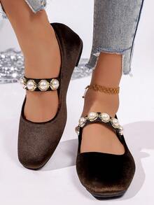 Brown Velvet Butterfly Mary Jane Shoes, Square Toe Strap Ballerina Shoes, Retro Soft Vibe, Plus Size Slimming Versatile Loafers, Commute With Dress Mori Girl Shoes - Brown Large Pearl - View 6
