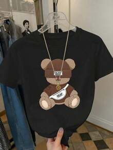 Camiseta de manga corta con cuello redondo y estampado de oso de dibujos animados para mujer, estilo casual, para verano - Negro - Ver 5