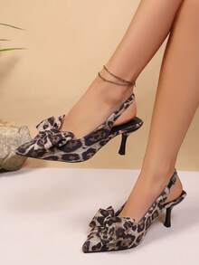 Women's Leopard Print Bow Pointed Toe Slingback Heels, Elegant Stiletto Back Strap Pumps For Party Wedding Date Night - Light Brown Leopard Print - View 3