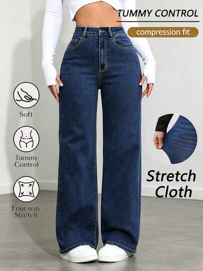 Jeans de mezclilla casuales de unicolor para mujer,Jeans de talle alto, pierna recta, lavado casual