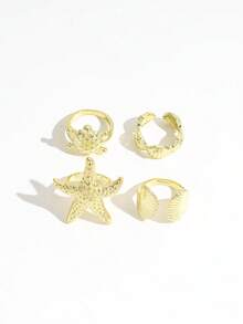 4pcs Seashell, Starfish, Turtle Shaped Boho Vintage Style Rings, Classic Gold Color Fashion Rings For Women - Gold - View 3