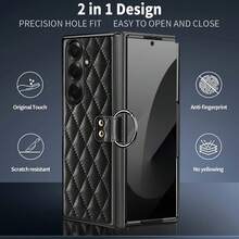 VIETAO Electroplated PC Finger Ring Holder Faux Leather Phone Case Compatible With Samsung Galaxy Z Fold 3 4 5 6 7 Mobile Cover With Tempered Glass Screen Protector - Pink - View 6