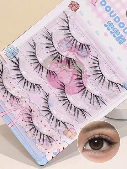 5 cặp mi giả cong tự nhiên, mềm mại, nhẹ, đan chéo, chi tiết tinh tế, giúp mắt to hơn, kiểu hoạt hình, có thể tái sử dụng cho trang điểm hàng ngày và khi đi làm.
