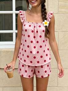 Womens 2 Piece Pajamas Set Cute Ruffle Sleeveless Dots Print Tops + Shorts Set Lounge Clothes - Rosa - Ver 5