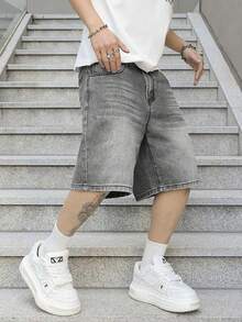 青少年男孩时尚休闲街头风黑灰色牛仔短裤 - 黑與白 - 查看 2