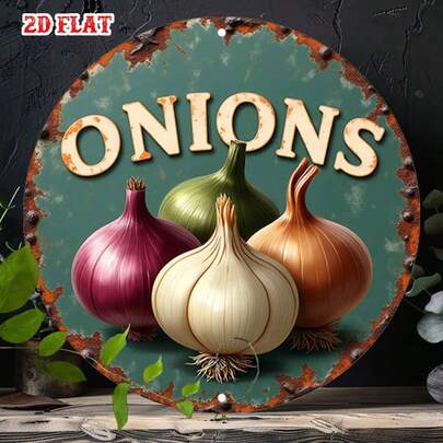 2D Flat, 1pc 2D Flat Onion Harvest Metal Sign, Rustic Charm Round Logo, 7.87X7.87 Inch Round Aluminum Sign For Farmhouse Decor - Country Style Kitchen Farmhouse Metal Wall Art, Metal Wall Decor, Home, Garage, Restaurant, Cafe Wall Decor, Vintage Design, Handmade Appearance, Home Decor, 2D Flat (Random Hole Position)