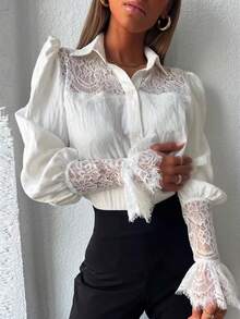 Blusa con mangas con volantes, elegante y moderna para uso diario - Blanco - Ver 1