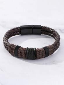Men's Braided Leather Bracelet, Black Braided Leather Bracelet With Stainless Steel Clasp, Punk Retro Jewelry Gift For Men - Silver - View 6