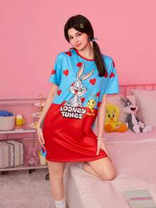 Noctvar OBM Sleepwear X LOONEY TUNES 崔弟愛心印花撞色短袖睡裙，女士寬鬆透氣羅紋棉質睡衣 - 彩色 - 查看 3