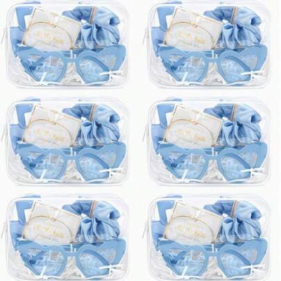 This Blue Bridesmaid Party Supplies Set Includes Transparent Makeup Bag, Hair Clips, Hair Ties, And Bracelets In Various Styles. It Is The Perfect Gift For Bride's Wedding Party, All-Night Party, Pajama Party, And Bachelorette Party.