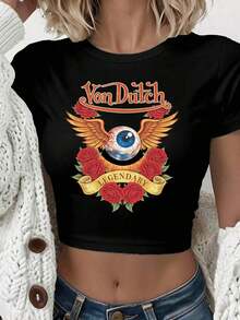 2026 Van Dutch Motorcycles Speed Shop With Winged Eye Women's Casual Solid Color Crew Neck Short Sleeve Slim Fit Cropped T-Shirt Basic Summer Polyester Top, Versatile Everyday Wear, Perfect Gift For Her - trắng - Xem 6