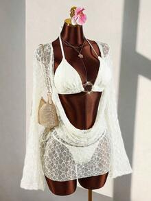 3 piezas Conjunto de Bikini de Mujer - Top, Bottom y Cubrimiento - Beis - Ver 10