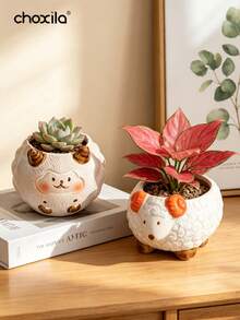 choxila 1pc Ceramic Planters With Cute Cartoon Sheep & Lamb Design, Drainage Hole, Breathable Succulent Pots, Drainage Hole, Hand-Painted Cartoon Style, Small Size For Indoor/Outdoor Use, Desktop Decorative Flower Pots, Ideal For Home Office Garden - Succulent Flower Pots - View 4
