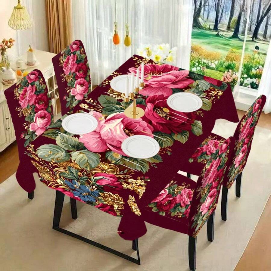 1/4/5/6/7/36pcs Wine Red Rose Pattern Print Chair Covers/Seat Covers Set, Suitable For Indoor Home, Restaurant, Hotel, Ideal Choice For Modern Daily Decor. Tablecloth Fits Square Dining Table, Elastic Chair Covers Are Washable.