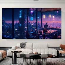 2D Plano, 1 Pieza Gran Póster de Arte Moderno de Paisaje Urbano Cyberpunk - Vista Nocturna Futurista con Luces de Neón, Impresión en Lienzo Horizontal Sin Marco, Adecuado para Sala, Dormitorio, Oficina - Decoración de Invierno/Primavera - Arte de Ventana con Lluvia de Neón de Ciencia Ficción - Enmarcado - Ver 3