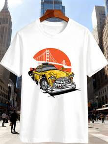 Vintage-T-Shirt mit Taxi-Grafik für Herren, hochwertiger Stoff, lockere Passform, atmungsaktiv, Street-Hip-Hop-Stil, Grafikdesign - Weiss - Übersicht 1