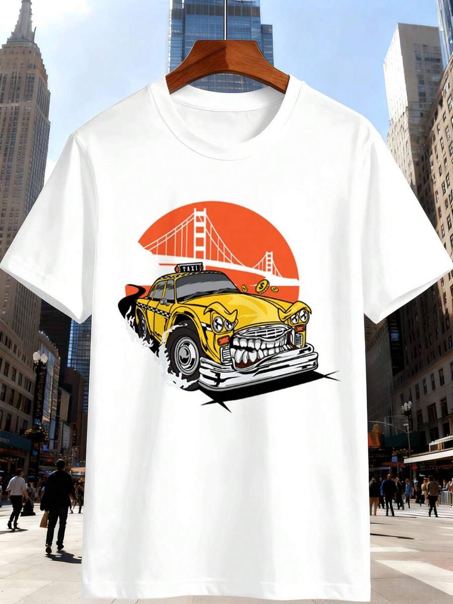 Vintage-T-Shirt mit Taxi-Grafik für Herren, hochwertiger Stoff, lockere Passform, atmungsaktiv, Street-Hip-Hop-Stil, Grafikdesign - Weiss - Übersicht 1