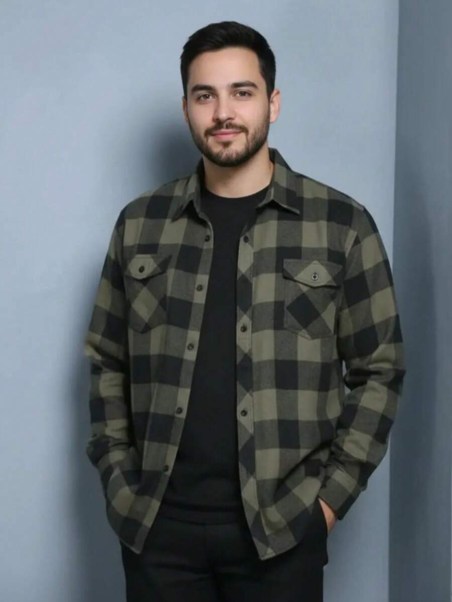 Men's Plaid Flannel Long-Sleeved Shirts - Take Advantage! - Olive Green - View 1