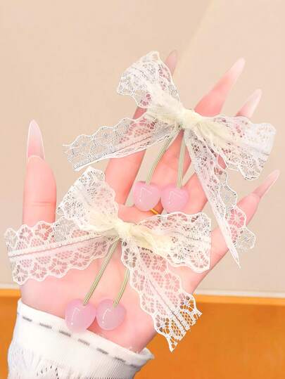 2pcs/Set Lace Bow Cherry Hair Clips, Gentle Girly Side Bangs Clips, Suitable For Women And Girls, Suitable For Daily, Date, School, Party, Holidays, Mother's Day Gift