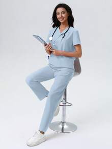 V-Neck Solid Color Multi-Pocket Waist Tie Scrubs Top And Pants Set - Baby Blue - View 6