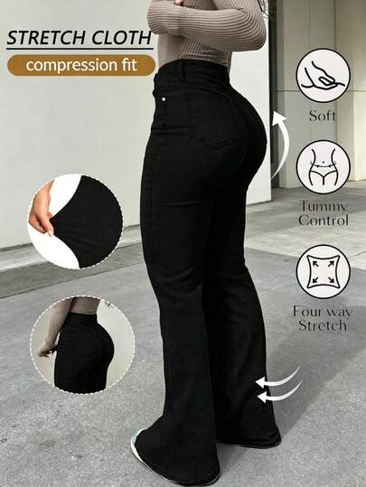 Pantalones vaqueros casuales de pierna acampanada y corte holgado con bolsillos para mujeres, Jeans diarios simples de unicolor para mujer, Jesns holgados lavados para mujer