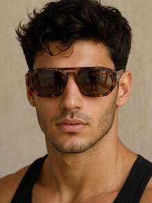 1 Pair Men's Tortoiseshell Square Retro Double Bridge Fashion Glasses, Fashionable Street Style Casual Eyewear - Multicolor - View 2