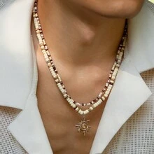 1pc Men's Fashion Coconut Shell Rice Bead Necklace, Hip-Hop Style Sun Pendant Collarbone Chain, Premium Sun Pendant Collarbone Chain Suitable For Men And Women, Men's Hip-Hop Jewelry - White - View 1