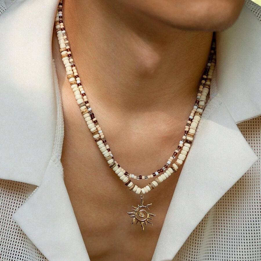 1pc Men's Fashion Coconut Shell Rice Bead Necklace, Hip-Hop Style Sun Pendant Collarbone Chain, Premium Sun Pendant Collarbone Chain Suitable For Men And Women, Men's Hip-Hop Jewelry - White - View 1
