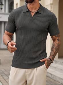 Áo polo cardigan nam cổ máy bay, áo dệt kim kẻ sọc dọc, trang phục mùa hè phong cách retro, áo len ngắn tay cài nút cổ bẻ liền thân. - Màu xám đen - Xem 10