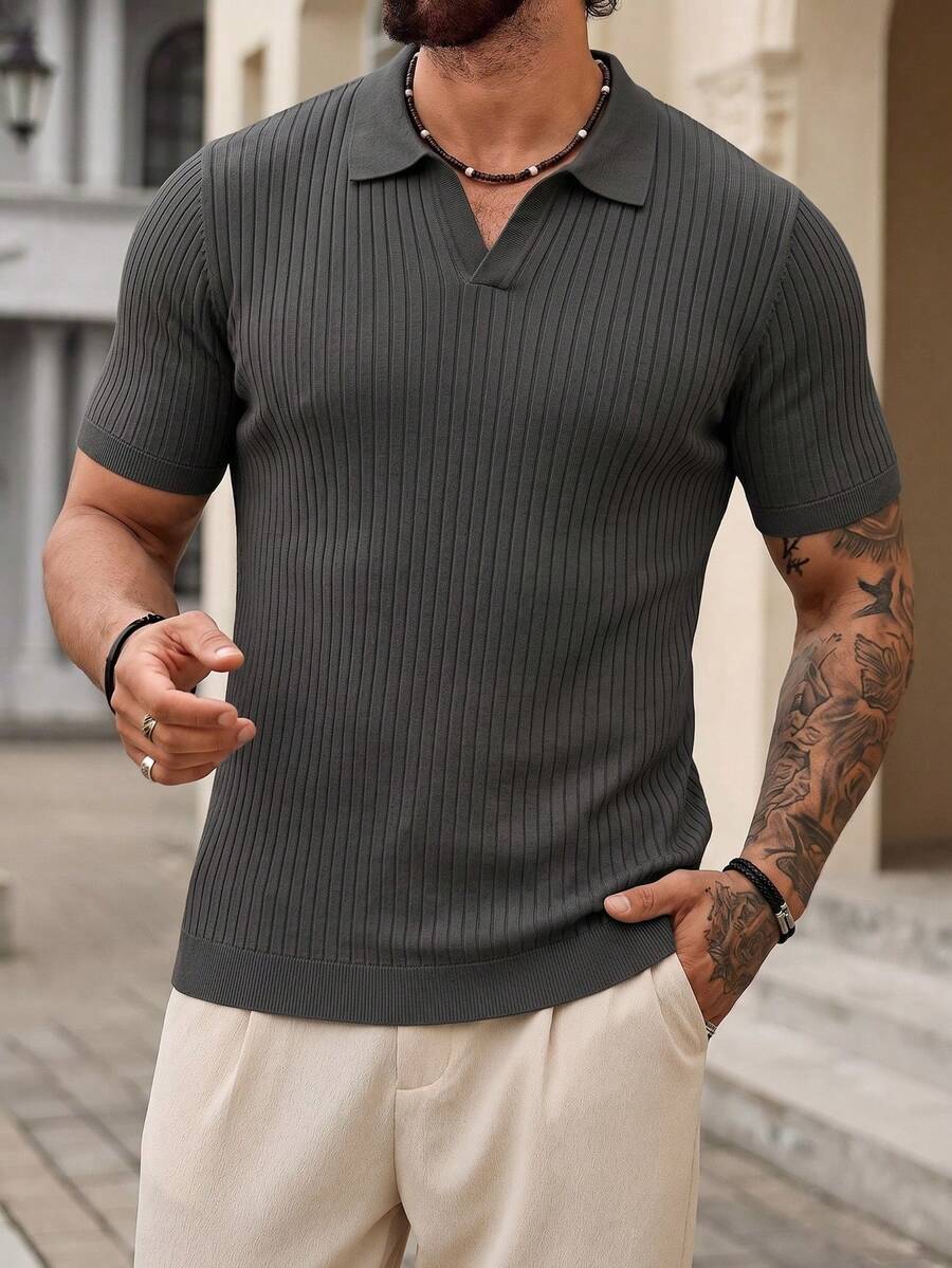 Camisa polo de cuello de avión para hombres, suéter de punto a rayas verticales de estilo retro de verano, suéter de manga corta con cuello vuelto y botones de una sola pieza