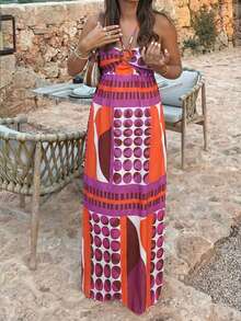 Women's Printed Button A-Line Vacation Dress, Fashionable For Daily And Holiday Wear, Spring/Summer Elegant Party - Multicolor - View 4