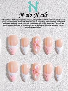 NAIO 10片/套 手工美甲贴片，三种尺寸可选：棺材形/杏仁形/短方形甲片，Y2K 酷炫风格，裸色、白色和粉色法式边，渐变花朵和粉色渐变金珠装饰，奶油质地，适合女性和女孩，可用于派对、日常佩戴，附赠工具包，是送给女士美甲爱好者的绝佳礼物。 - 彩色 - 查看 16