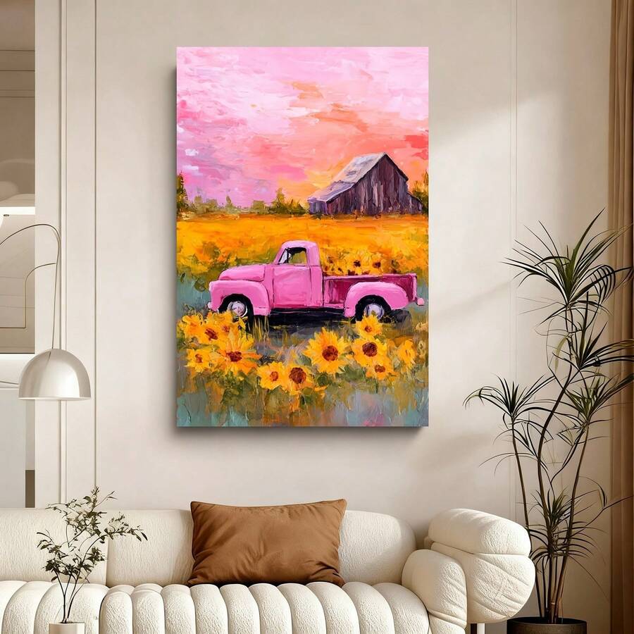 Con marco 2D plano, 2D plano, Una obra de arte 2D con un camión rosa en un campo de girasoles, perfecto para regalos de Pascua y el Día de San Patricio. Este viene enmarcado y es ideal para embellecer cualquier habitación, incluyendo dormitorios, con decoraciones festivas. - Enmarcado - Ver 1