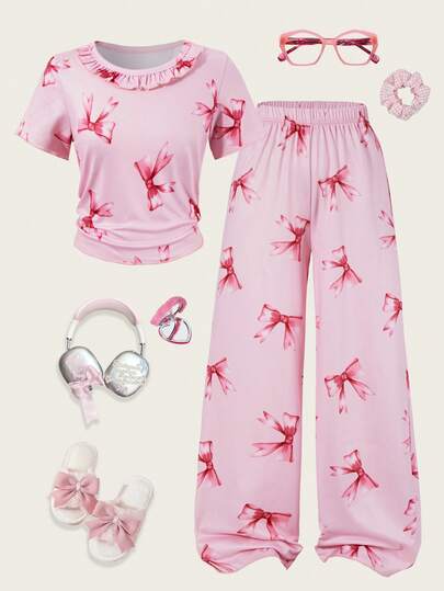 Spring/Summer Girls' Sweet Pajama Set, Heart Print, Black Bow Decor On Collar. Short Sleeve Top + Loose Straight Pants, Suitable For Home Wear, Soft & Comfortable Fabric, Ideal For Sleeping, Resting, Pajama Party Etc.