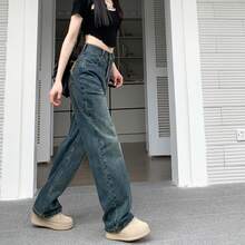 女士宽松版型做旧口袋设计长款牛仔裤 春季休闲款 - 藍色 - 查看 4